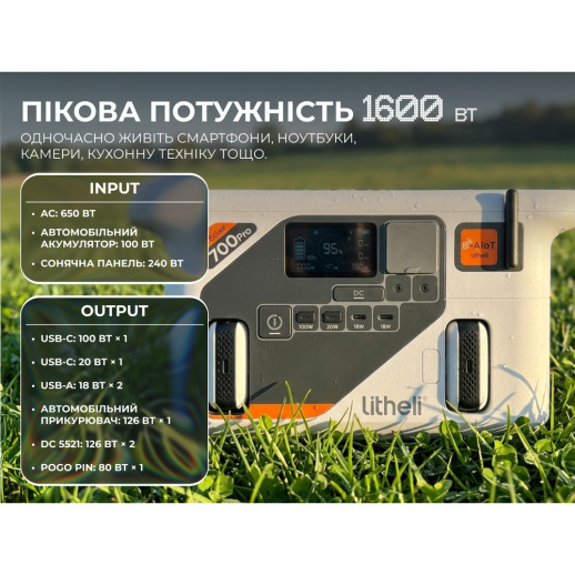 Портативная зарядная станция Litheli 800 Вт, 724 Вт·ч, LiFePO4 + 2 Power Bank