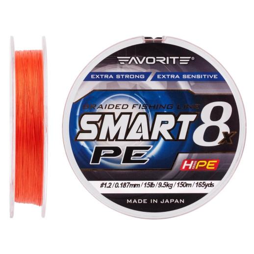 Шнур Favorite Smart PE 8x 150м #1.2/0.187mm 15lb/9.5kg, красный, оранжевый
