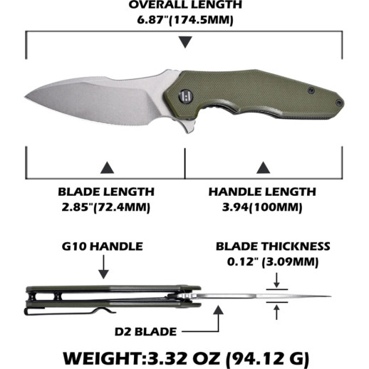 Нож Hightron Mini Ventura, D2, G10, зеленый, стальной stonewash клинок