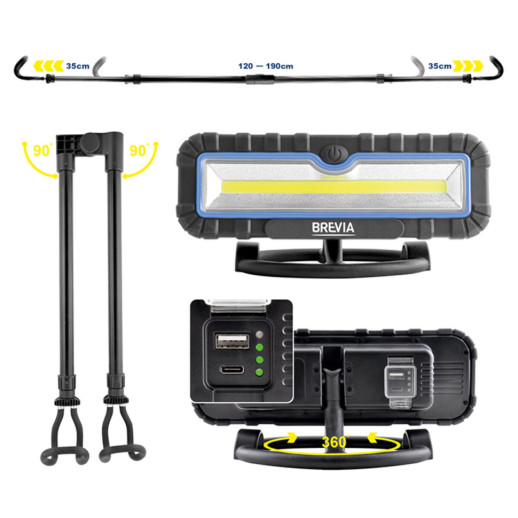 Профессиональная инспекционная лампа Brevia LED 120-190см 2x10W COB 2x1000lm 2x4000mAh Power Bank, type-C