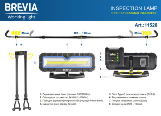 Профессиональная инспекционная лампа Brevia LED 120-190см 2x10W COB 2x1000lm 2x4000mAh Power Bank, type-C