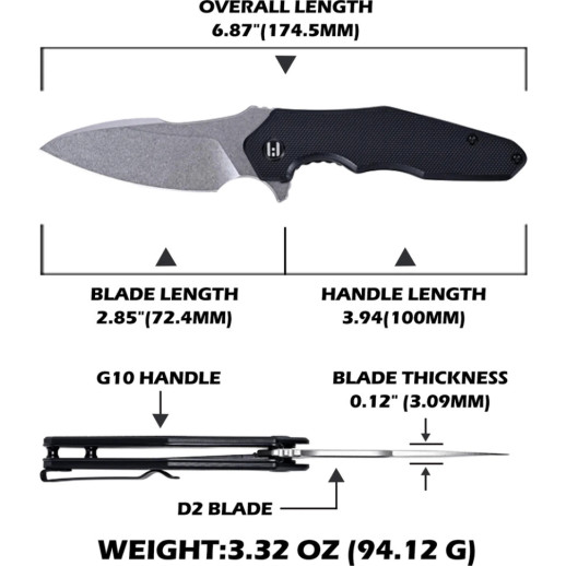 Нож Hightron Mini Ventura, D2, G10, черный, стальной stonewash клинок