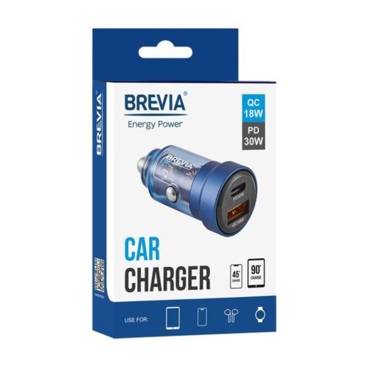 Автомобильное зарядное устройство Brevia ePower DualCharge 30W 1xUSB-C+1xUSB-A, transparent blue