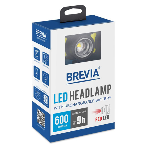 Фонарь налобный BREVIA 600Lm, 3W CREE XPG+COB, 1200mAh/3xAAA, Zoom, White/Red (14500ERBX1)