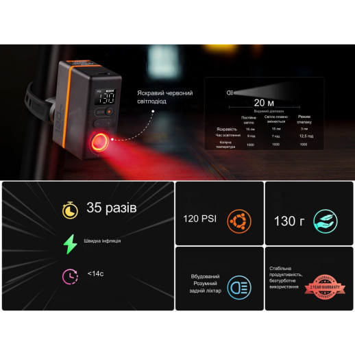 Велосипедный мини насос-задняя фара Flextail Tiny Tire Pump ACS, черный