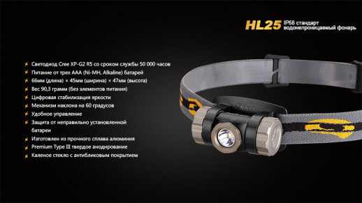 Налобный фонарь Fenix HL25 XP-G2 (R5), желтый
