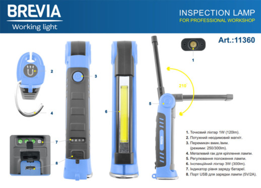 Фонарь инспекционный Brevia LED Ultra-slim 3W COB+1W LED 300lm, 2000mAh, microUSB