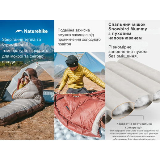 Спальник с натуральным пухом Naturehike Snowbird CNK2550WS014, р-р L, темно-коричневый 400 г