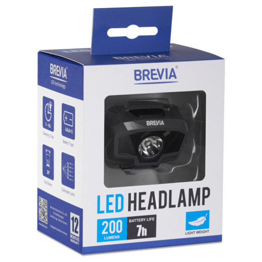 Фонарь налобный Brevia 200Lm, 3 режима+flash, 3xAAA, IP64