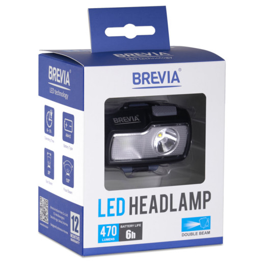 Фонарь налобный Brevia 470Lm, 4 режима, 2xAA, IP64