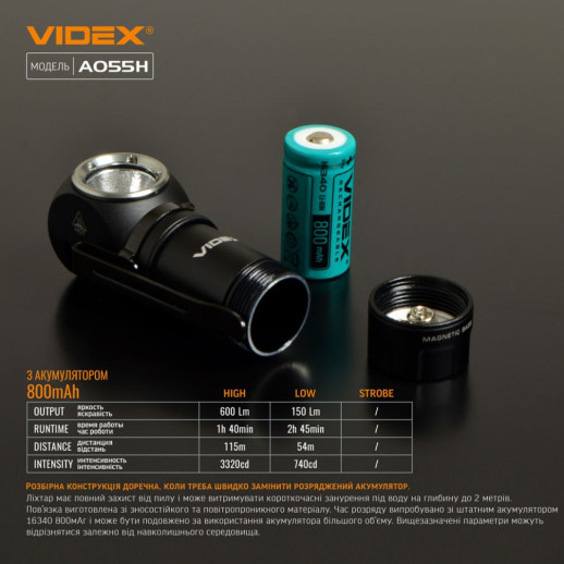 Портативный светодиодный фонарик VIDEX VLF-A055H 600Lm 5700K (открытая коробка/замененный светодиод)
