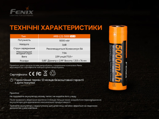 Аккумулятор 21700 Fenix ARB-L21-5000 V2.0 (витринный образец / поврежденная упаковка)