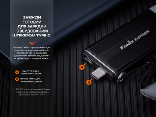 Фонарь ручной Fenix E-SPARK (без колпачка портов)