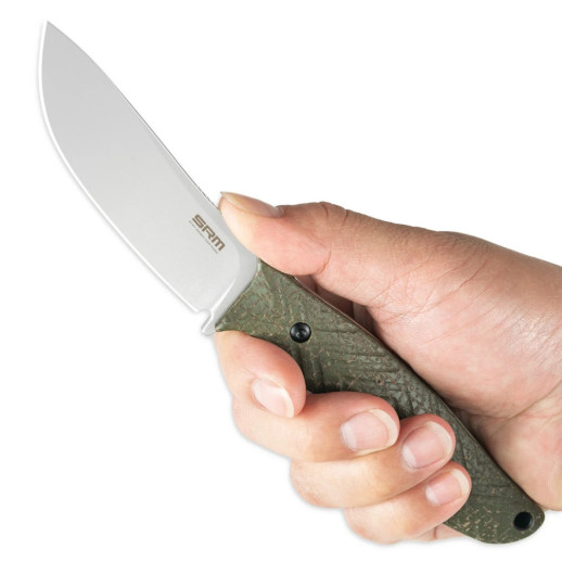 Нож с чехлом туристический SRM Fossa 605T-MP, (8.8 см) 14C28N / Micarta зеленый