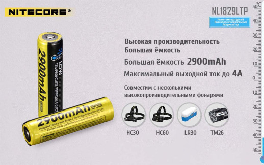 Аккумулятор литиевый Li-Ion 18650 Nitecore NL1829LTP 3.6V 2900mAh, -40°С, защищенный