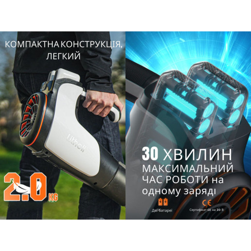 Воздуходувка-пылесос садовый Litheli 560CFM, питание от павербанка (2шт УМБ Litheli Power Bank 20000 mAh, 45 W, 4А в комплекте)